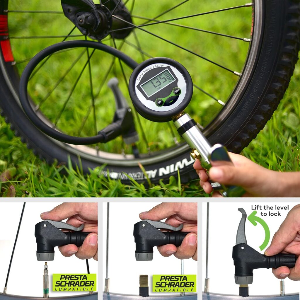 Digital Bicycle Tire Inflator Gauge with Auto-Select Valve Type - Presta and Schrader Air Compressor Tool Digital Bicycle Tire Inflator Gauge with Auto-Select Valve Type - Presta and Schrader Air Compressor Tool