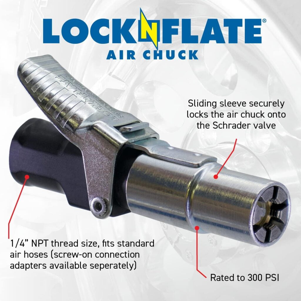 LockNFlate® Locking Air Chuck - Six Steel Jaws Lock onto Any tire Valve - Wont Leak or pop Off - Rated to 150 PSI - Closed Flow LockNFlate® Locking Air Chuck - Six Steel Jaws Lock onto Any tire Valve - Wont Leak or pop Off - Rated to 150 PSI - Closed Flow