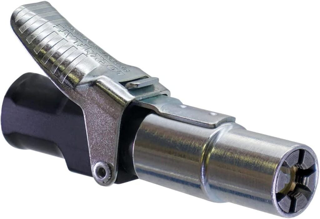 LockNFlate® Locking Air Chuck - Six Steel Jaws Lock onto Any tire Valve - Wont Leak or pop Off - Rated to 150 PSI - Closed Flow LockNFlate® Locking Air Chuck - Six Steel Jaws Lock onto Any tire Valve - Wont Leak or pop Off - Rated to 150 PSI - Closed Flow
